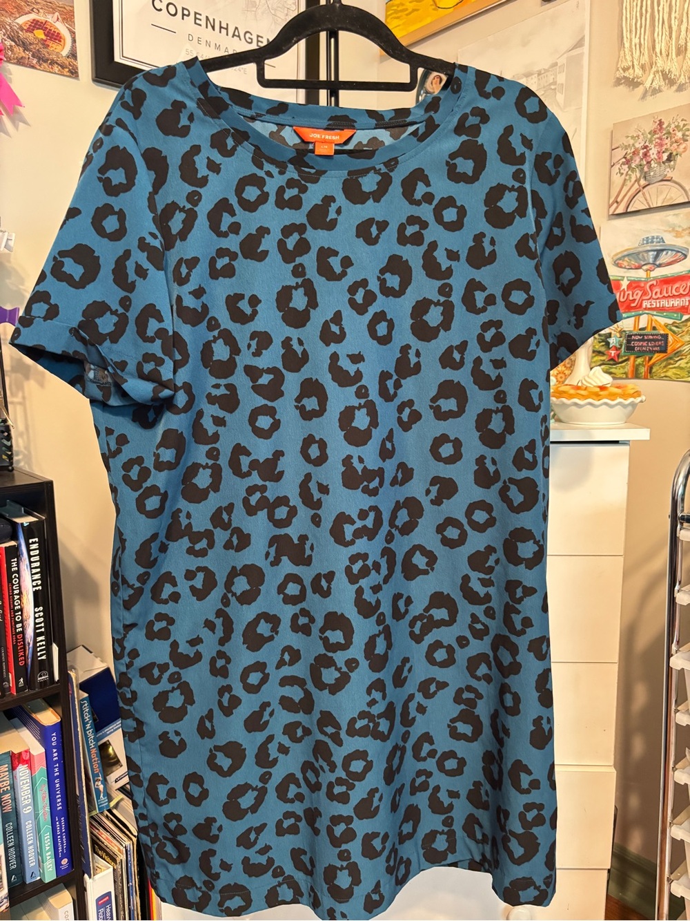 Joe Fresh Teal Blue and Black Leopard Print Short Sleeve Dress